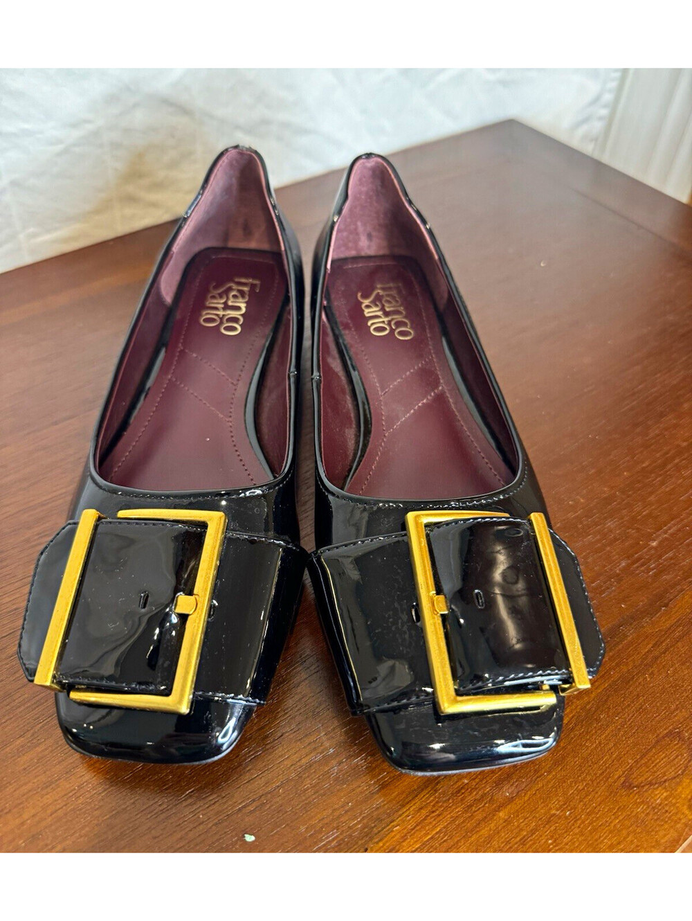 Franco Sarto Black Patent Leather Square Toe Buckle Slip-On Flats US 7